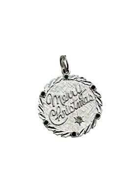 Vintage Merry Christmas Silver Tone Holiday Charm Pendant Green Red Accent Gems